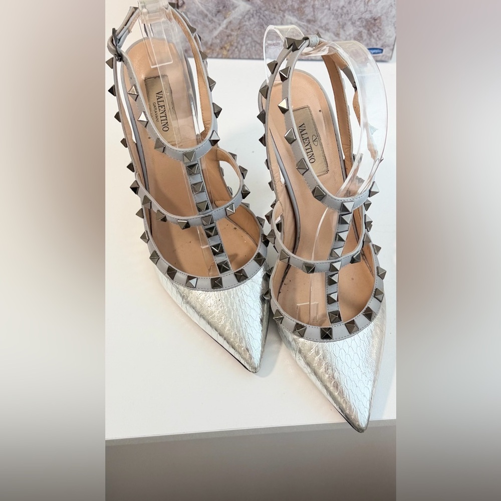 Valentino Metallic Silver Croc studded heels